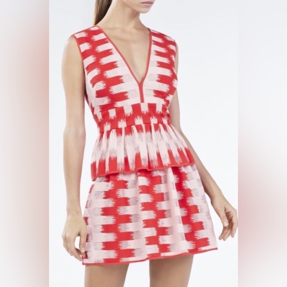 BCBG MaxAzria BCBG MaxAzria Pink and Red Ikat Print Peplum Cocktail Dress Size 2